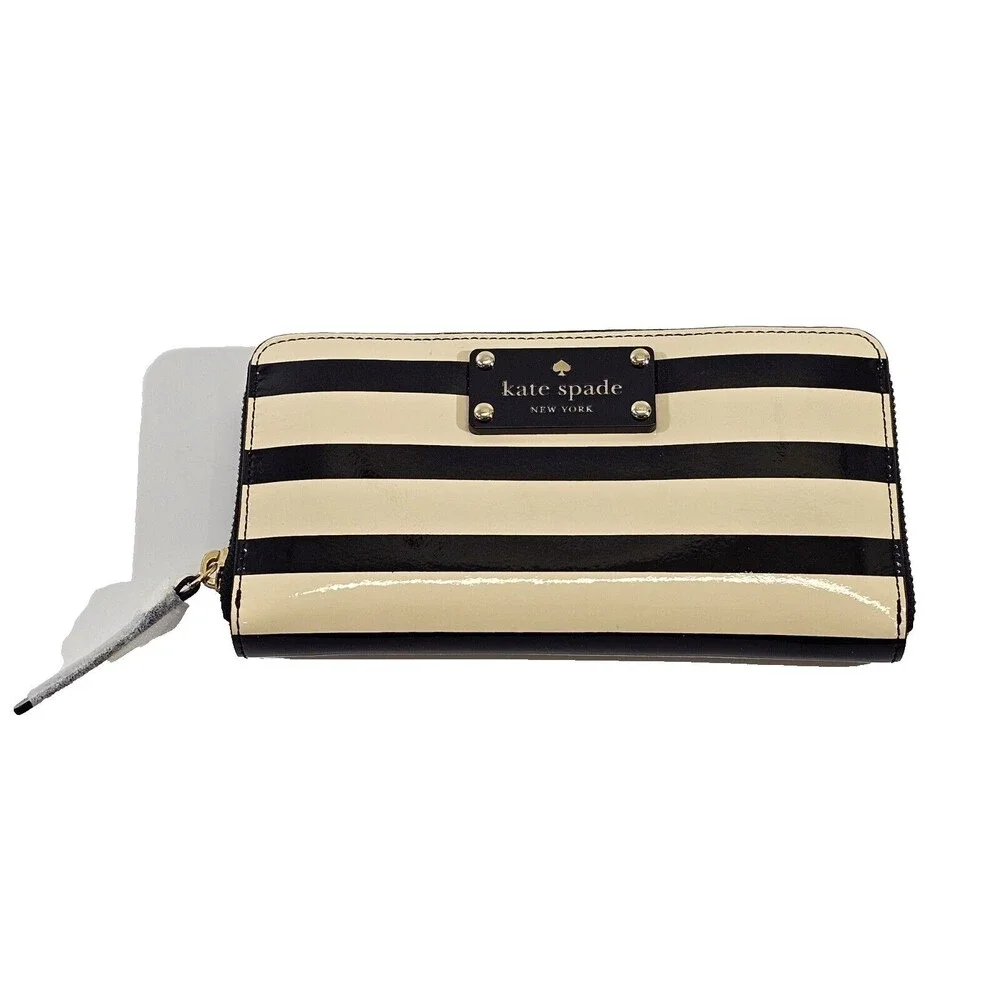 Kate Spade New York Striped Patent Leather Zip‎ Around Wallet Black Cream Clutch